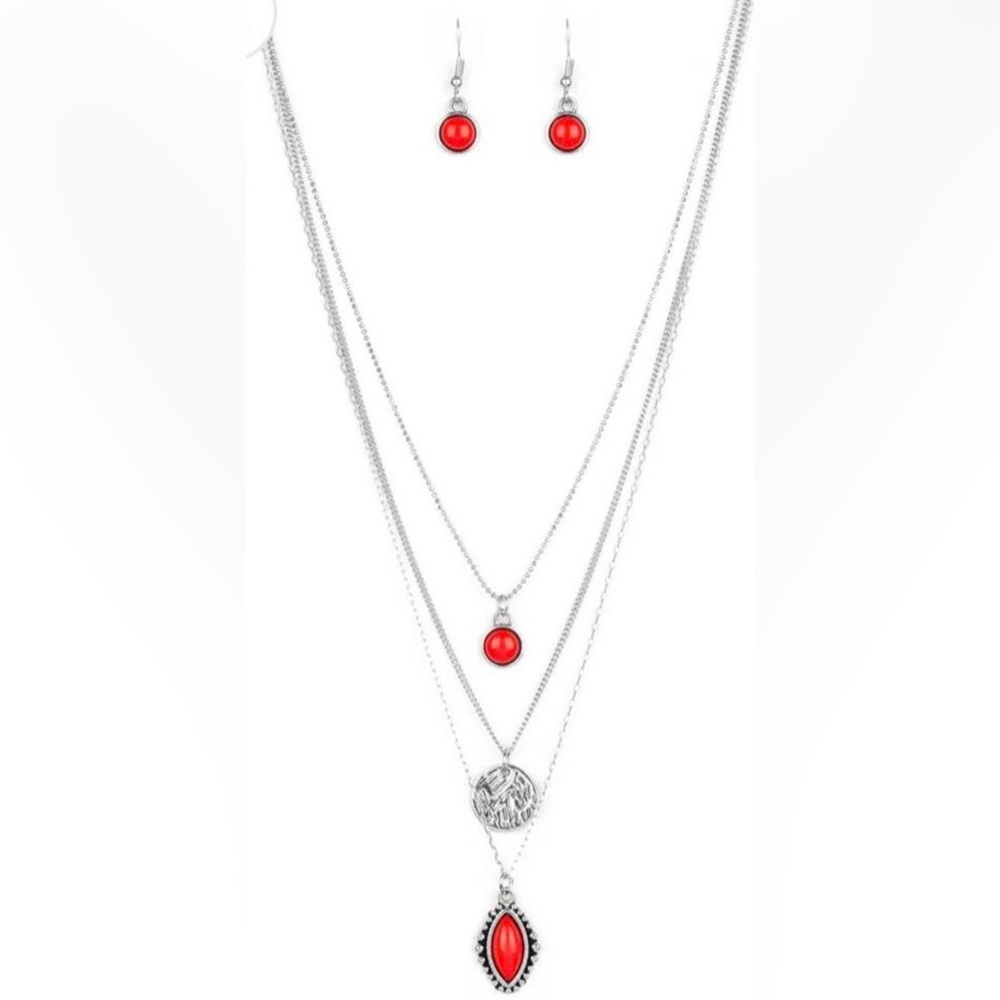Chic Silver Necklace Set with Red Accents